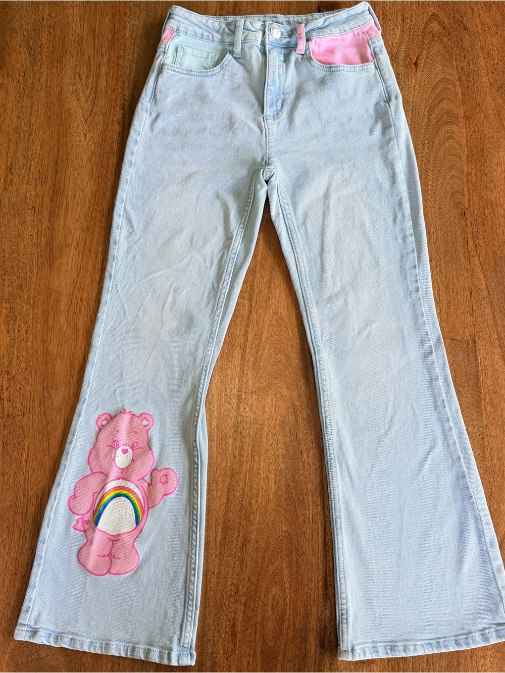 Justice Girls Light Blue Flare Jeans Care Bear Collab